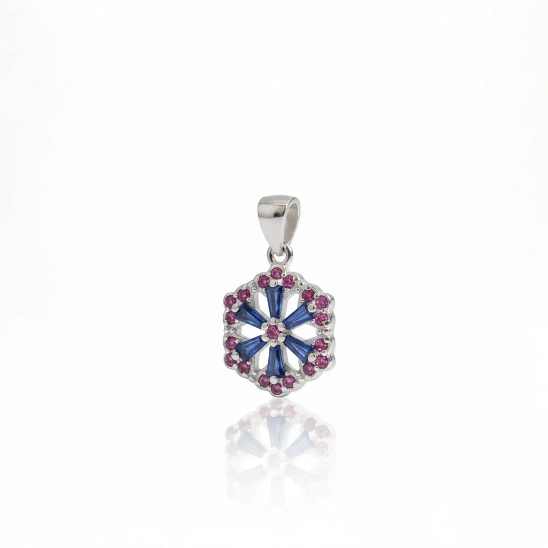Floral Hexagon Silver Pendant with Green & Pink Stones Made With Pure 925 Silver