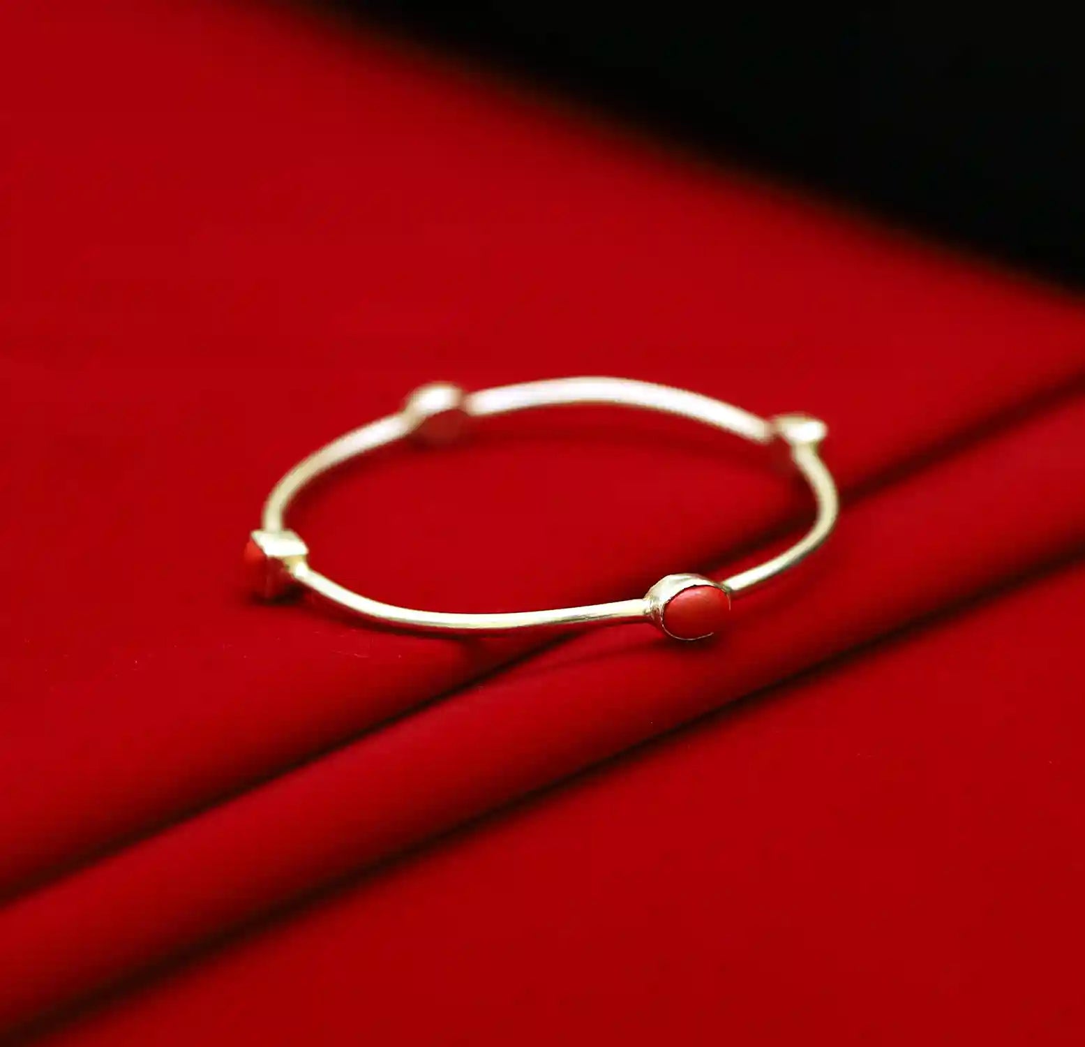 Red Coral Oval Pure Silver Bracelet- Made With Pure 925 Silver