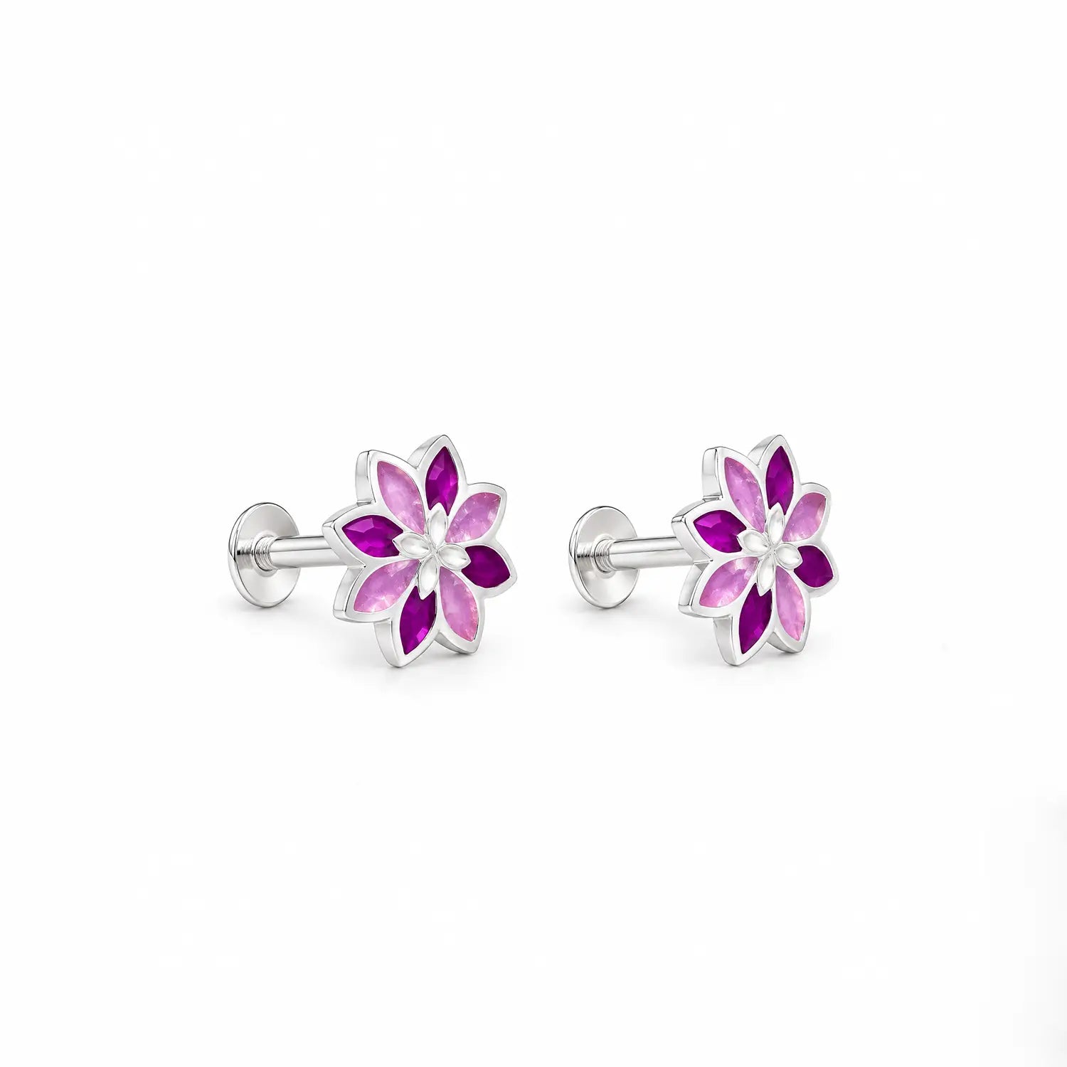 Pink Floral Gemstone Silver Stud Earrings - Made With Pure 925 Silver