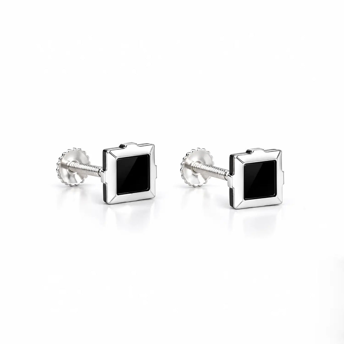 Black Stone Square Silver Stud Earrings - Made With Pure 925 Silver