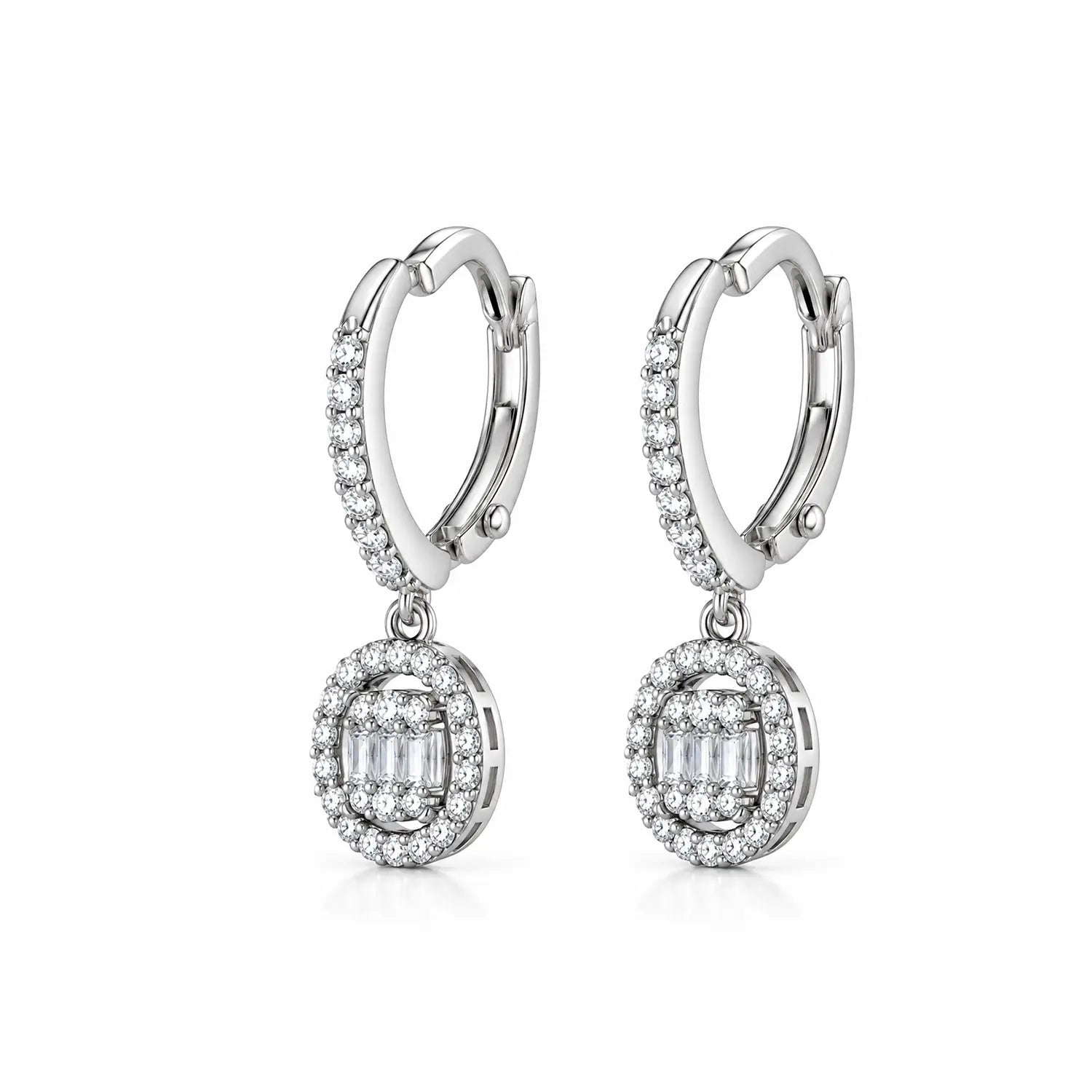Elegant Circular Baguette Sparkle Silver Drop Earrings - Made With Pure 925 Silver