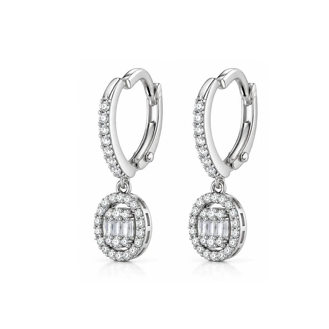 Elegant Circular Baguette Sparkle Silver Drop Earrings - Made With Pure 925 Silver