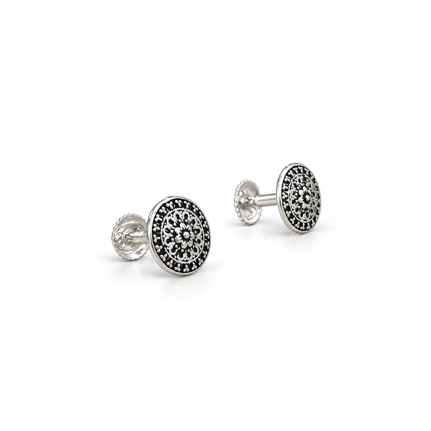 Antique Floral Oxidised Silver Stud Earrings - Made With Pure 925 Silver
