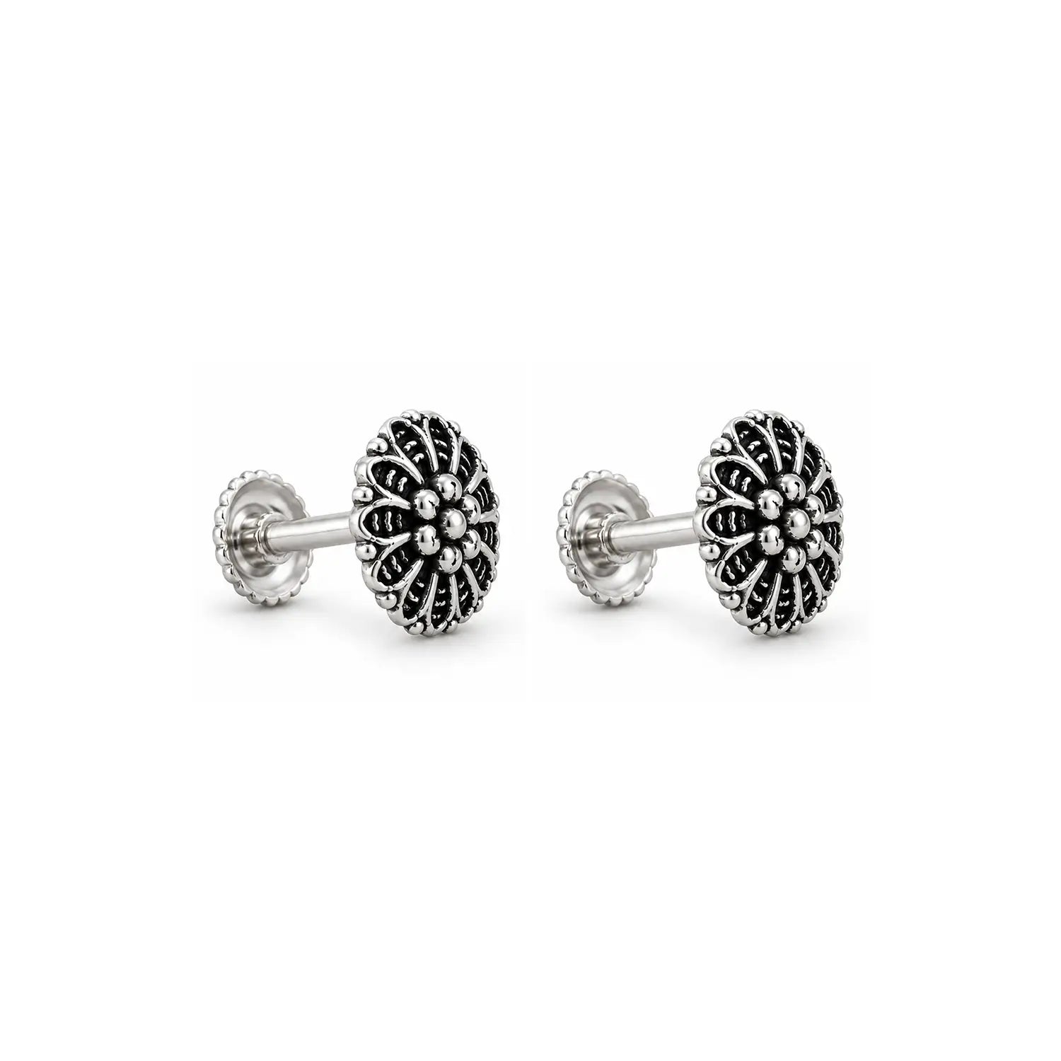 Antique Floral Oxidized Silver Stud Earrings - Made With Pure 925 Silver