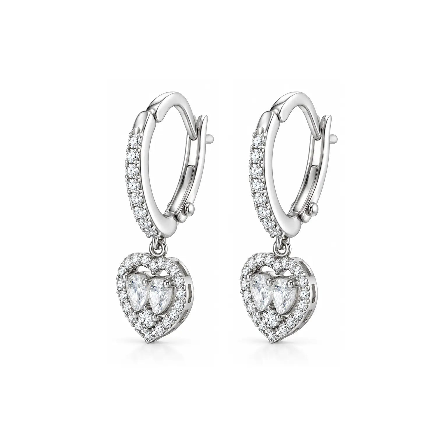 Elegant Double Heart Sparkle Silver Drop Earrings - Made With Pure 925 Silver