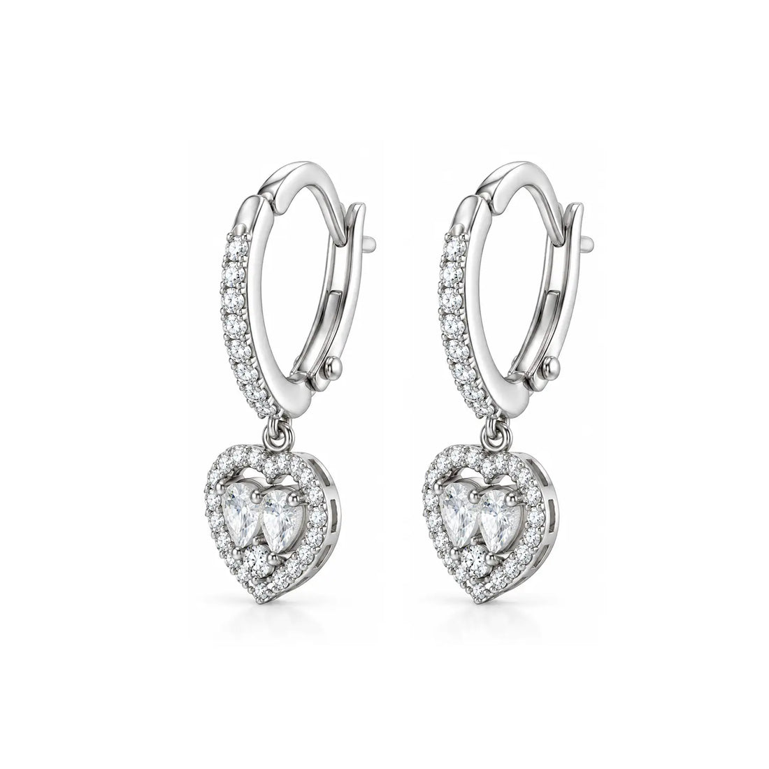 Elegant Double Heart Sparkle Silver Drop Earrings - Made With Pure 925 Silver