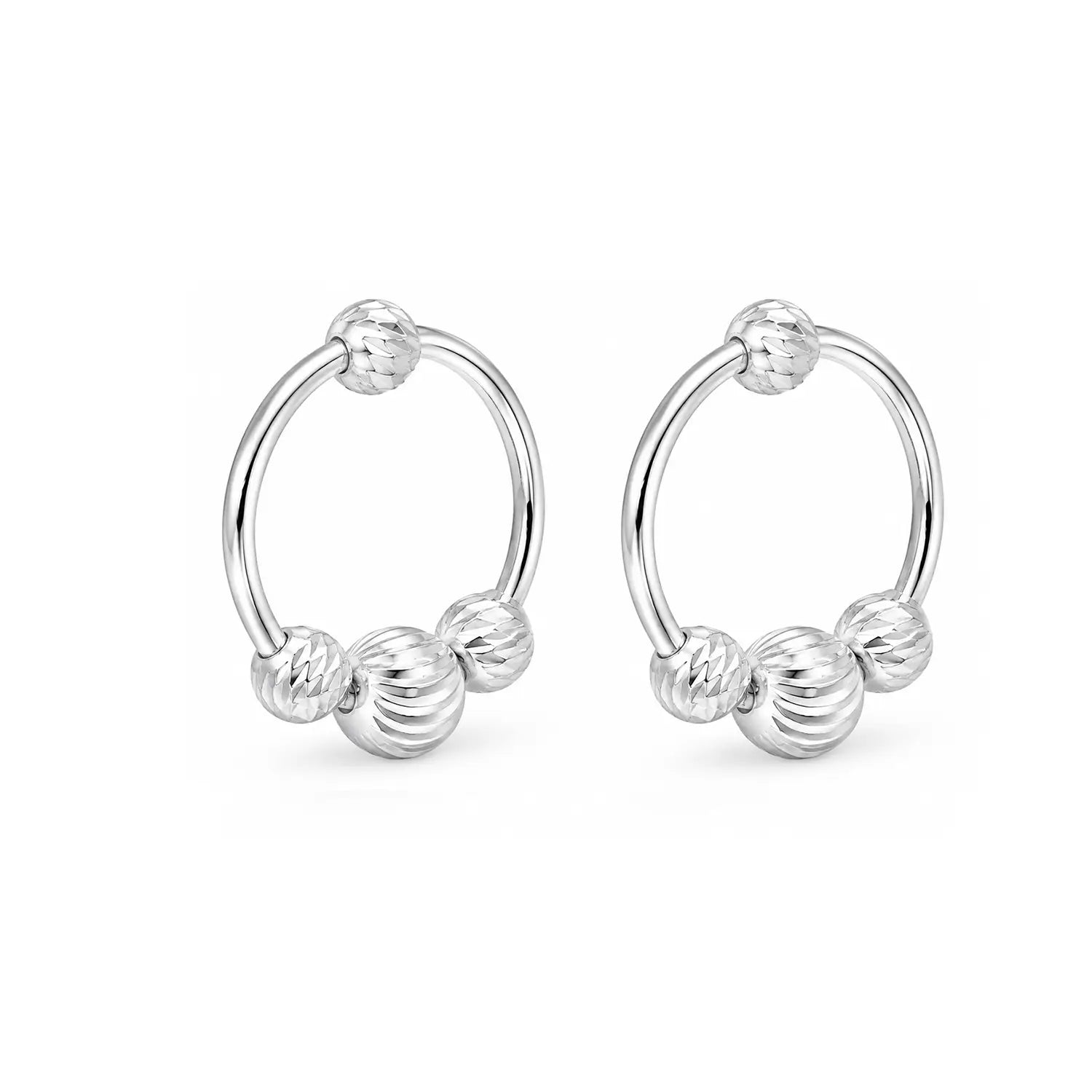 Ribbed Bead Circle Silver Hoop Earrings - Made With Pure 925 Silver