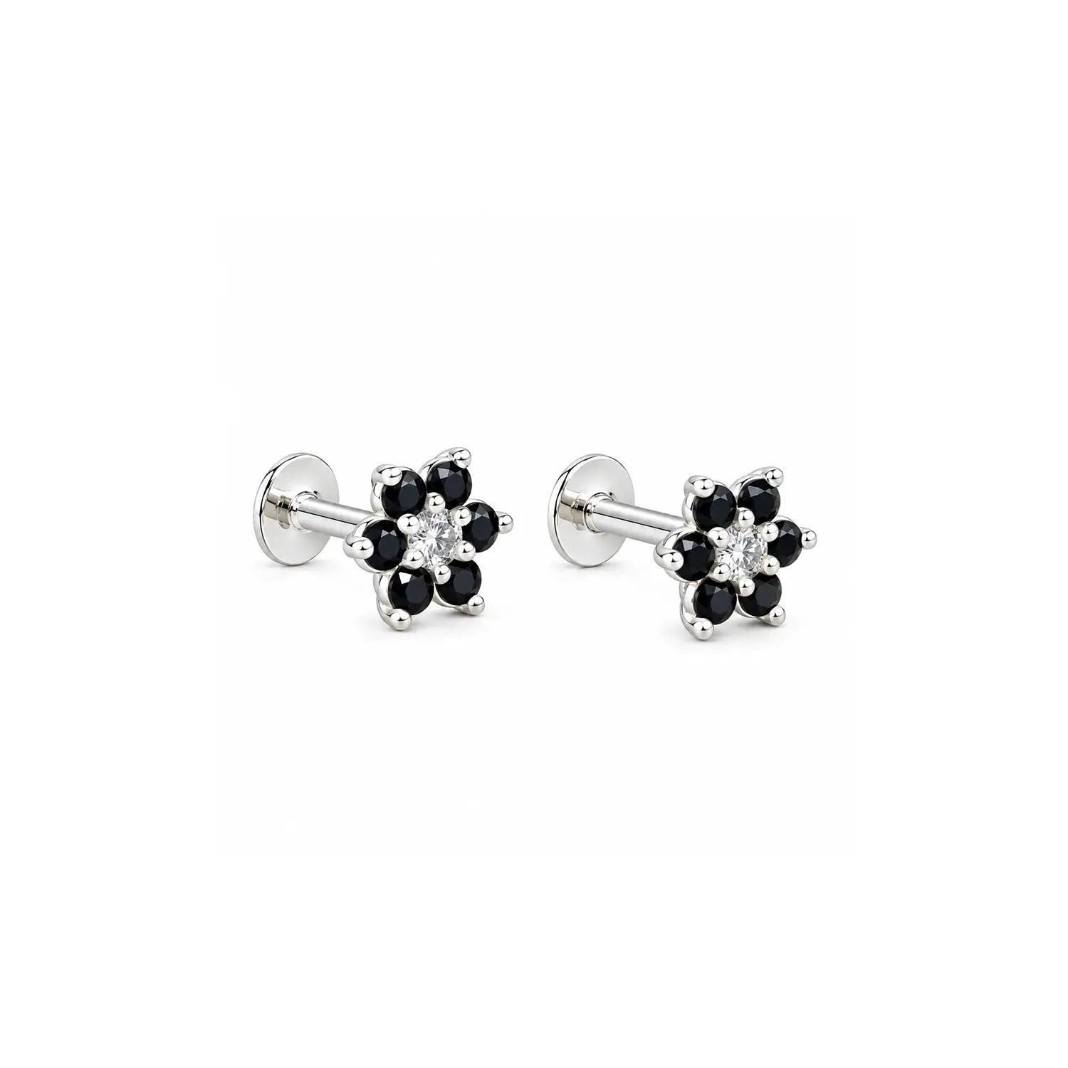 Black Floral Gemstone Silver Stud Earrings - Made With Pure 925 Silver