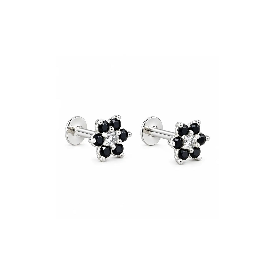 Black Floral Gemstone Silver Stud Earrings - Made With Pure 925 Silver