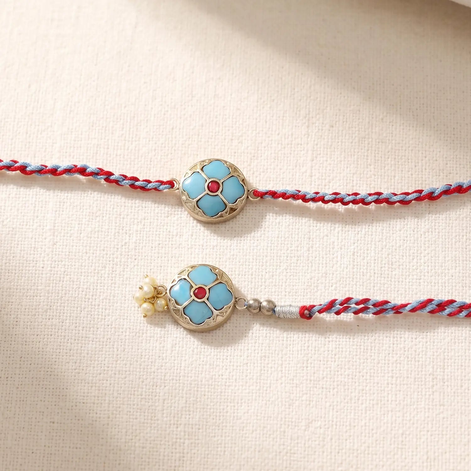 Sky Blue Floral Silver Rakhi & Lumba Set - Made With Pure 925 Silver