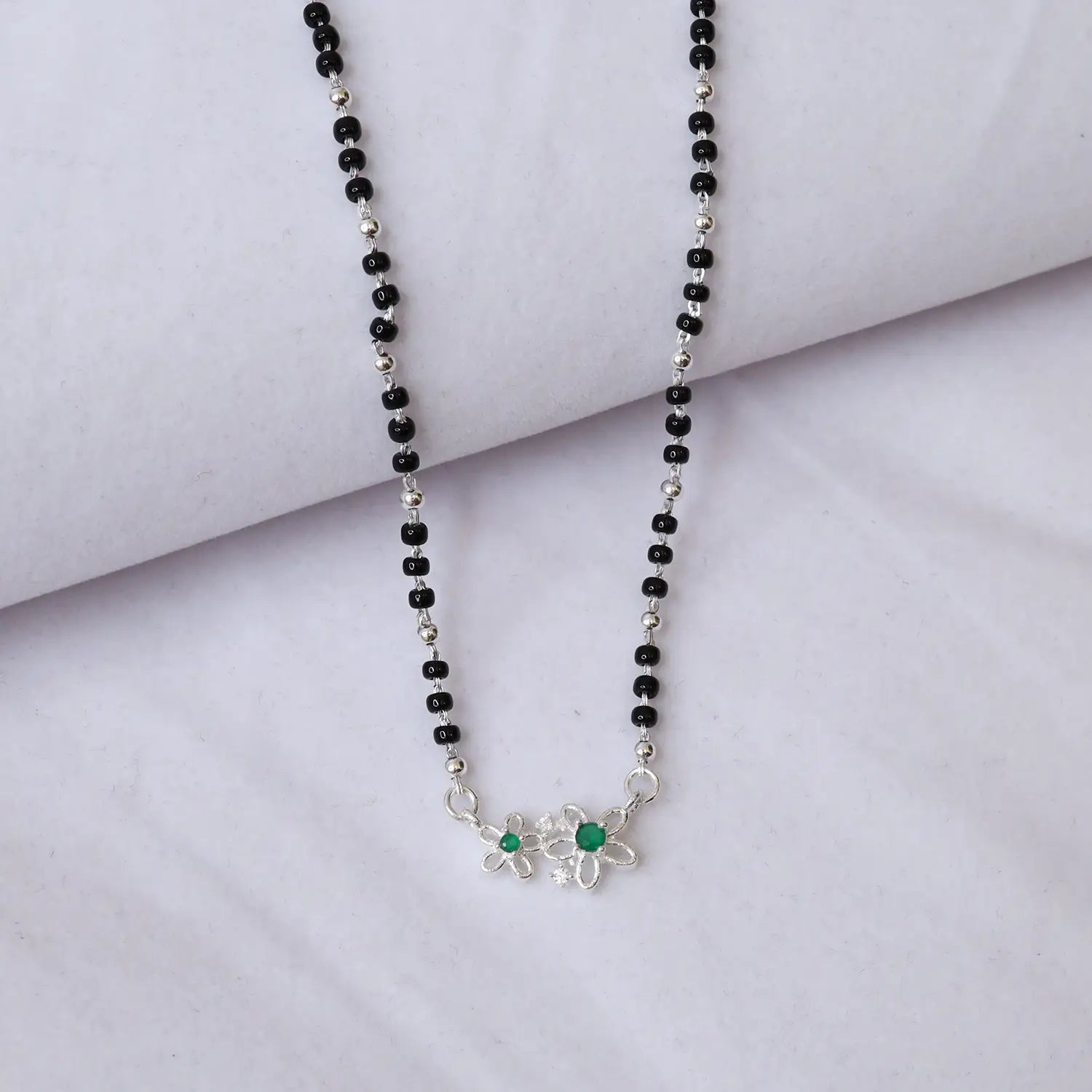 Elegant Green Floral Silver Mangalsutra - Made With Pure 925 Silver