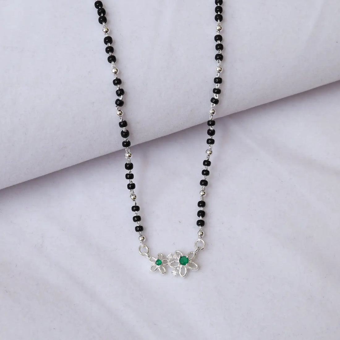 Elegant Green Floral Silver Mangalsutra - Made With Pure 925 Silver