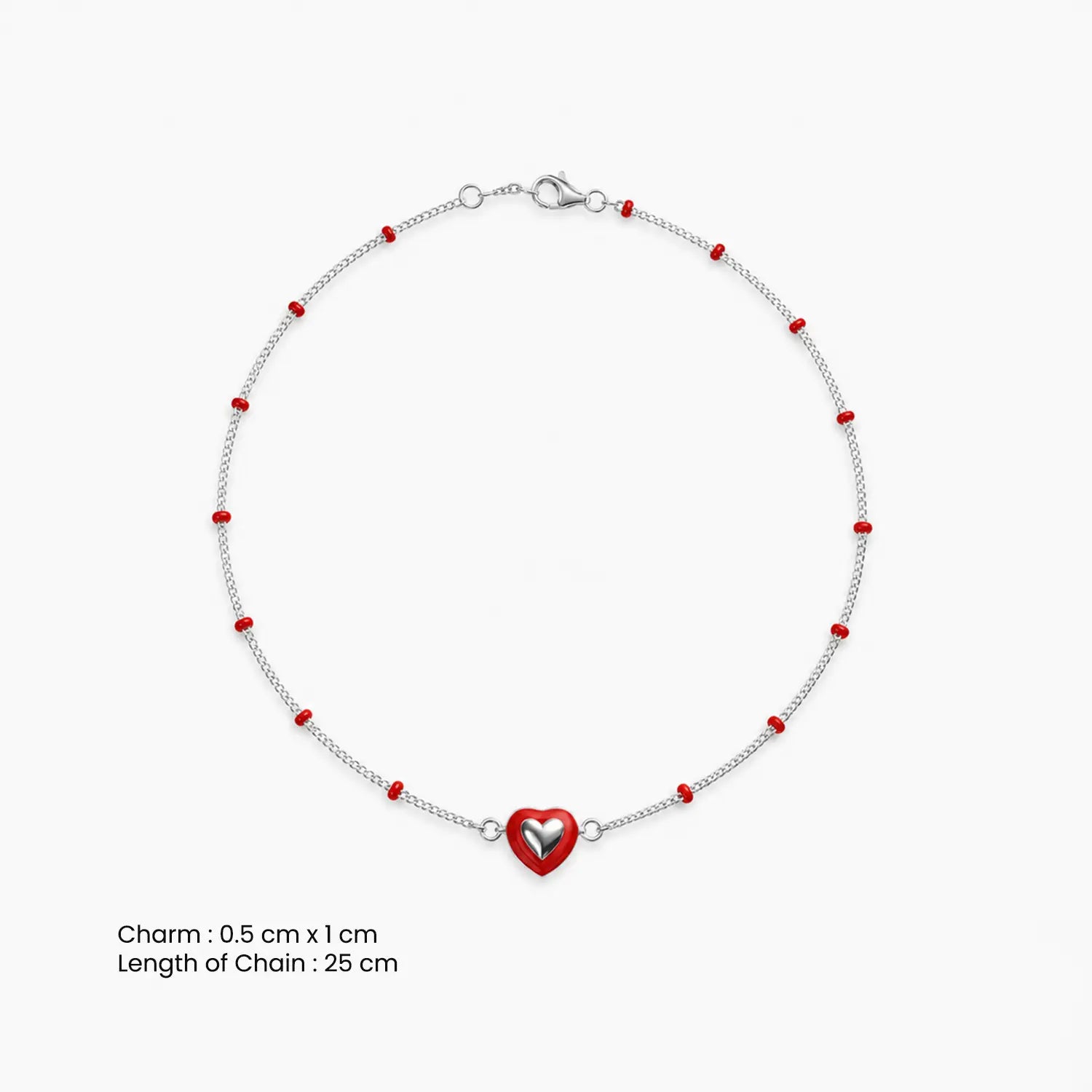 Red Heart Beaded Pure Silver Anklet- Made With Pure 925 Silver