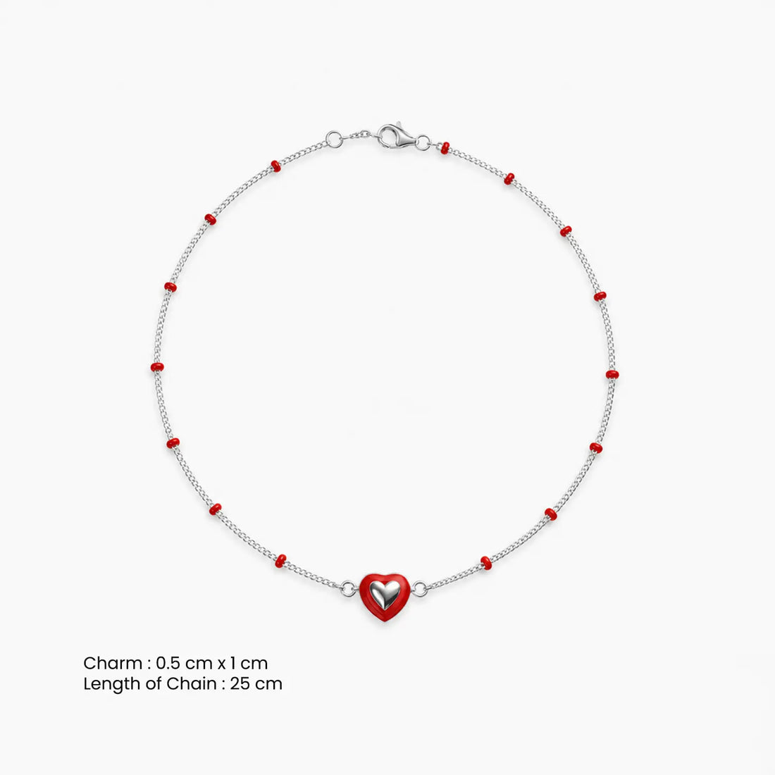 Red Heart Beaded Pure Silver Anklet- Made With Pure 925 Silver