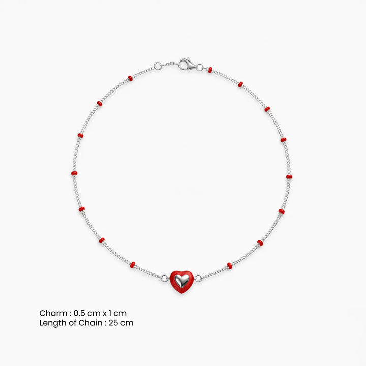 Red Heart Beaded Pure Silver Anklet- Made With Pure 925 Silver