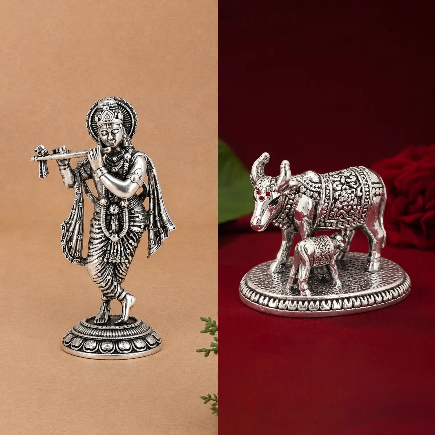 Kamdhenu Cow & Lord Krishna Silver Idol Festival Combo - Made With Pure 925 Silver