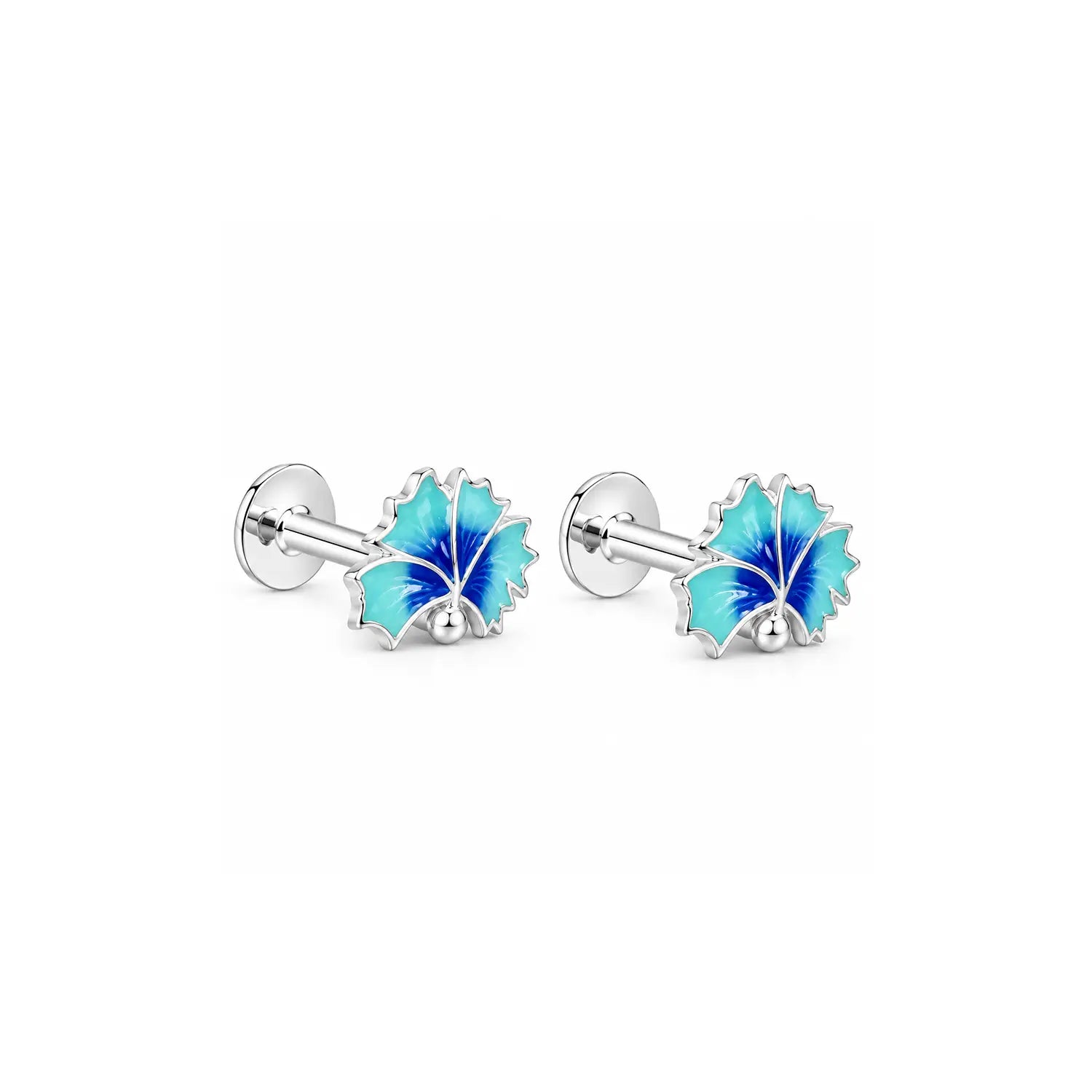 Blue Enamel Floral Silver Stud Earrings - Made With Pure 925 Silver