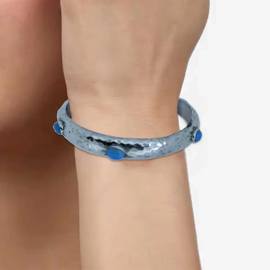 Hammered Silver Kada with Blue Stone Accents - Made With Pure 925 Silver