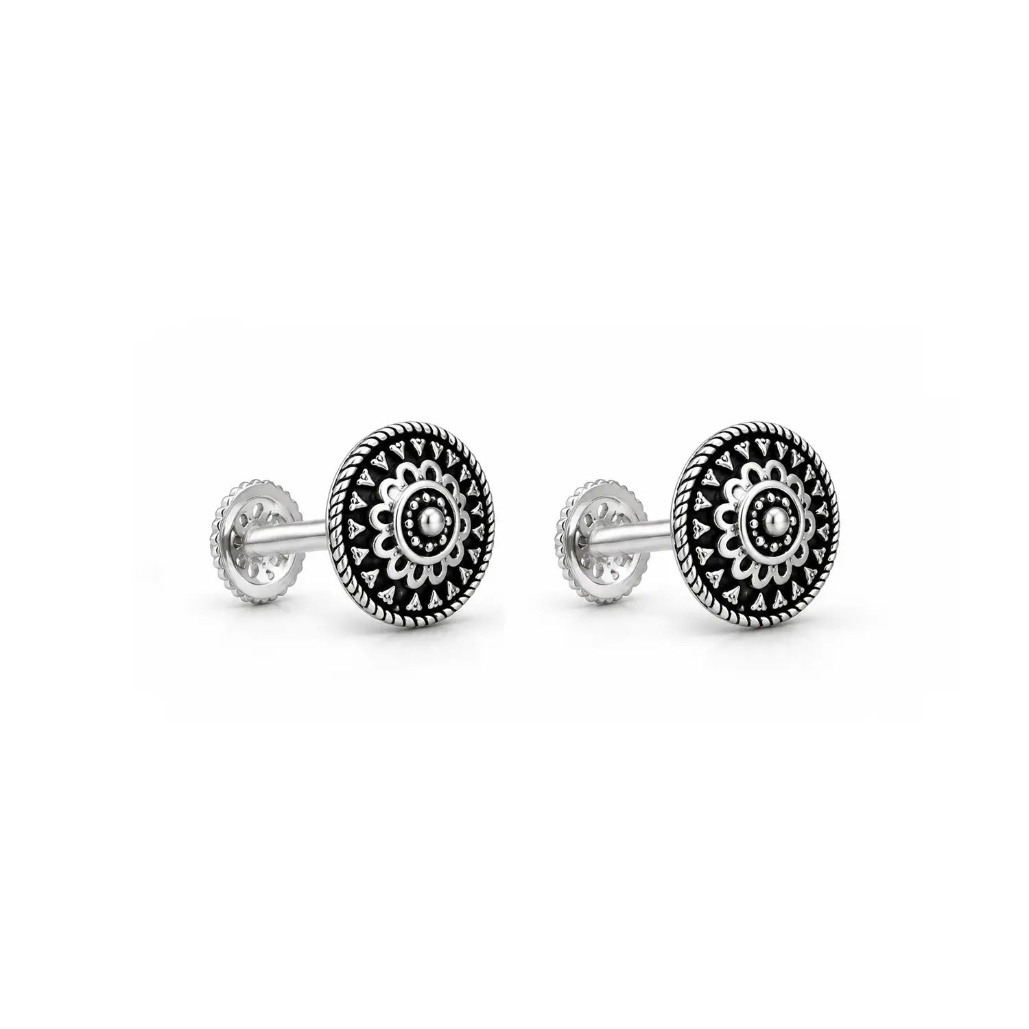 Heritage Mandala Oxidised Silver Stud Earrings - Made With Pure 925 Silver