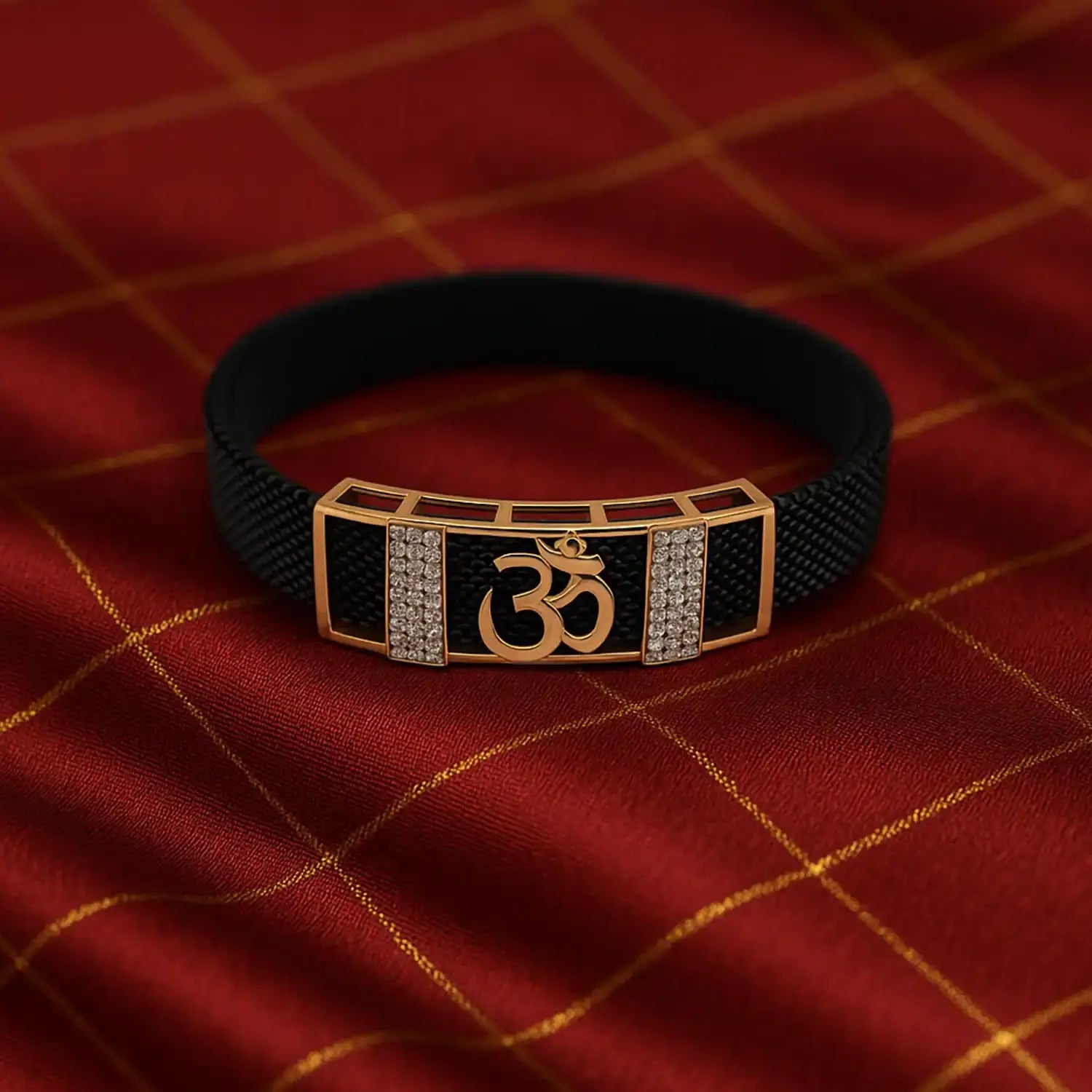 Men’s Black Strap Bracelet with Gold “Om” Symbol- Made With Pure 925 Silver