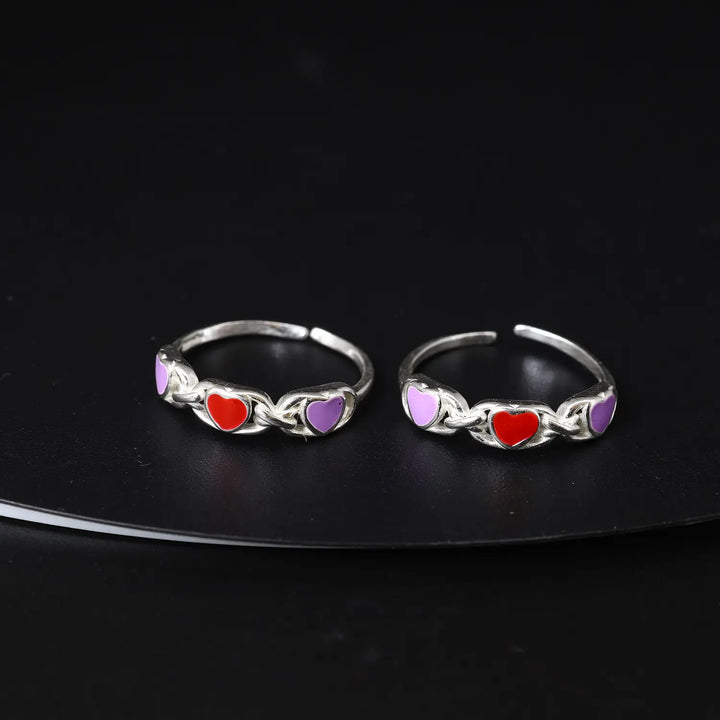 Charming Multicolor Heart  Toe Rings- Made With Pure 925 Silver