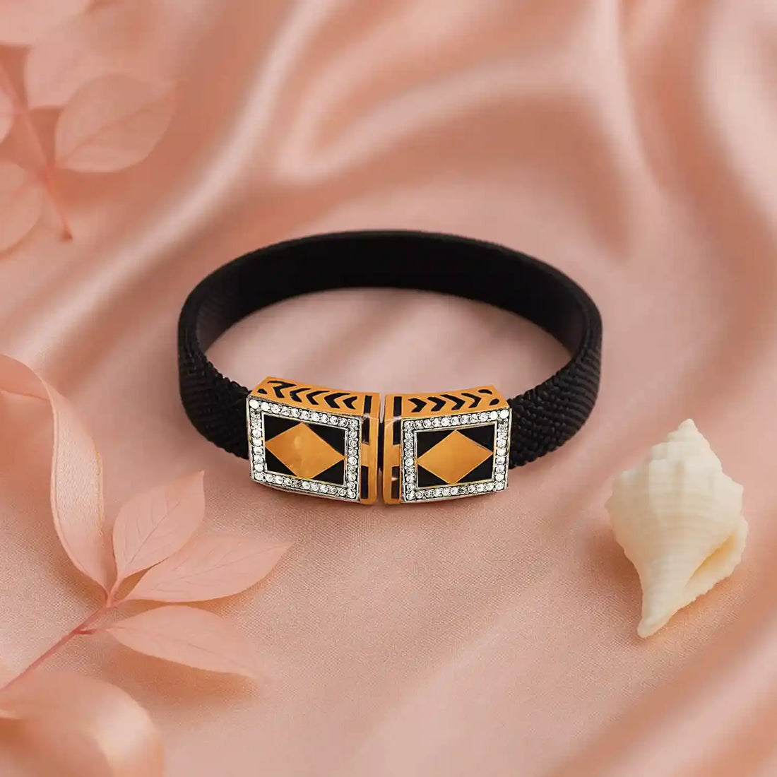 Silver Flexible Band Bracelet with Black Strap- Made With Pure 925 Silver