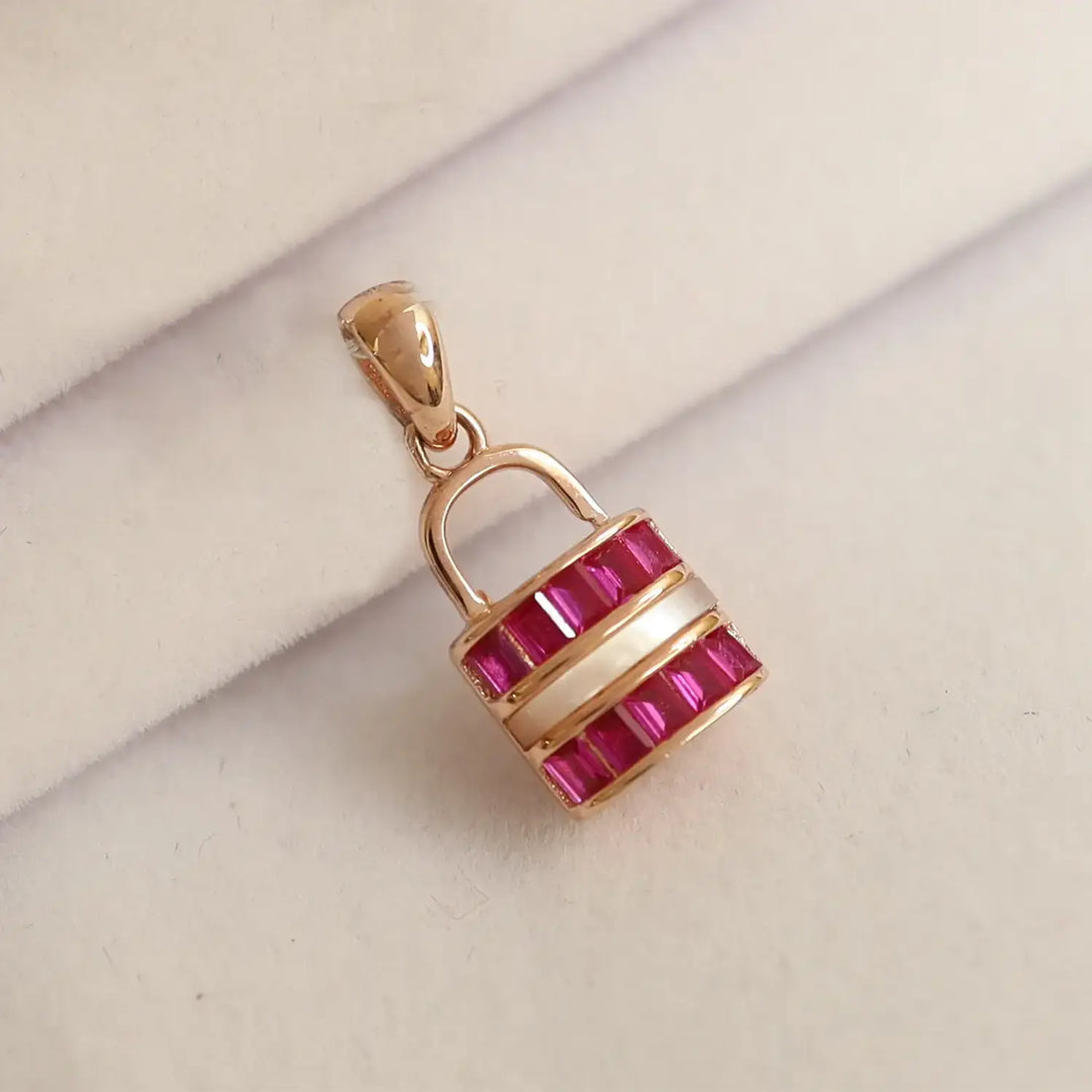 Lock Design Silver Pendant with Ruby Red Stones - Made With Pure 925 Silver