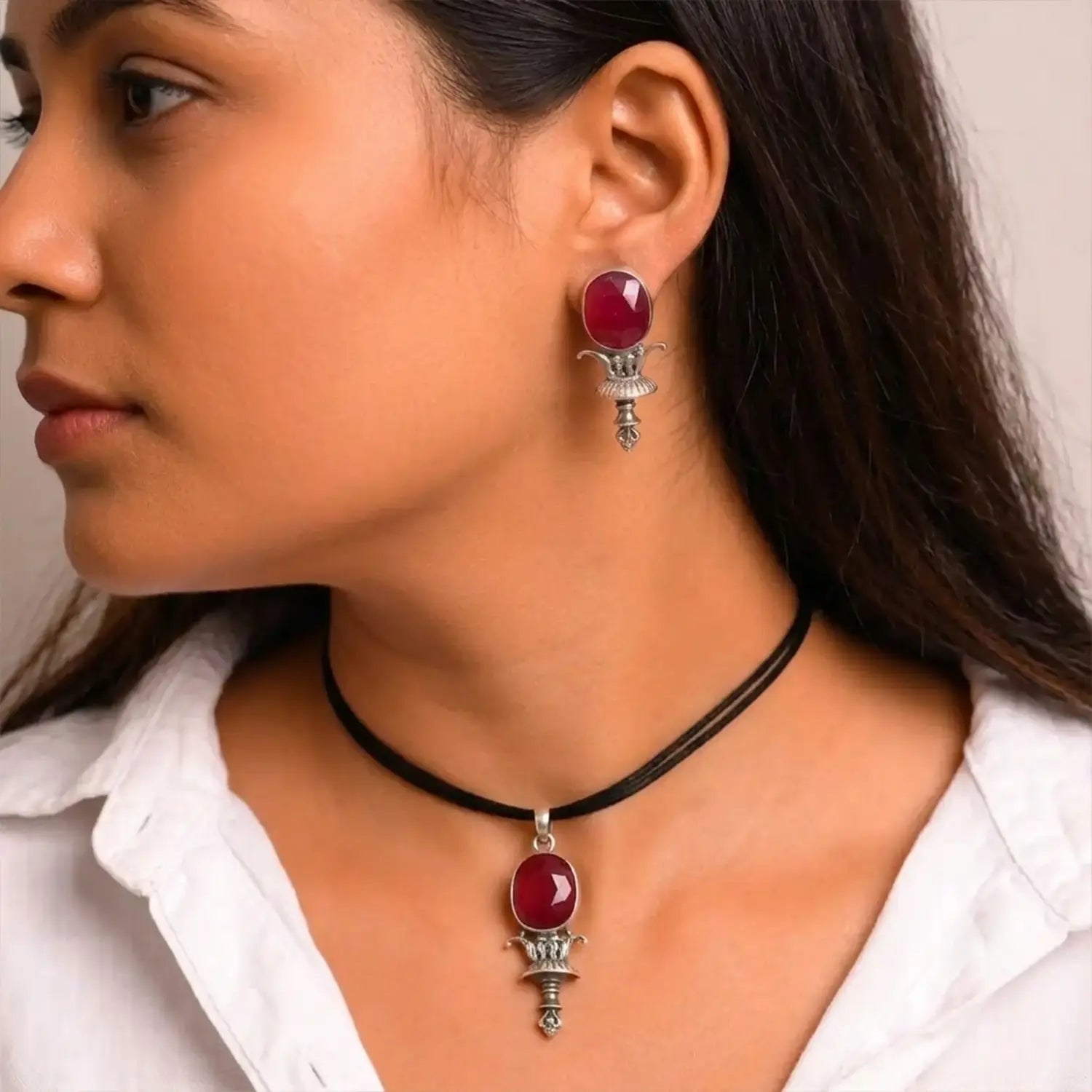 Traditional Ruby Stone Sterling Silver Pendant Set - Made With Pure 925 Silver