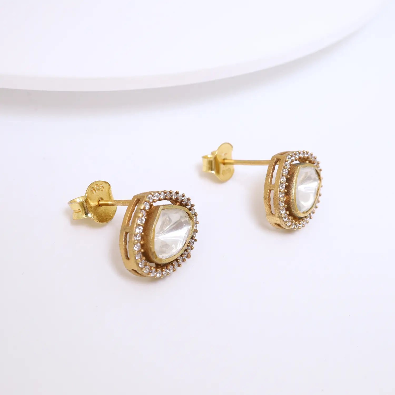 Gold-Plated Halo Kundan Sterling Silver Stud Earrings - Made With Pure 925 Silver