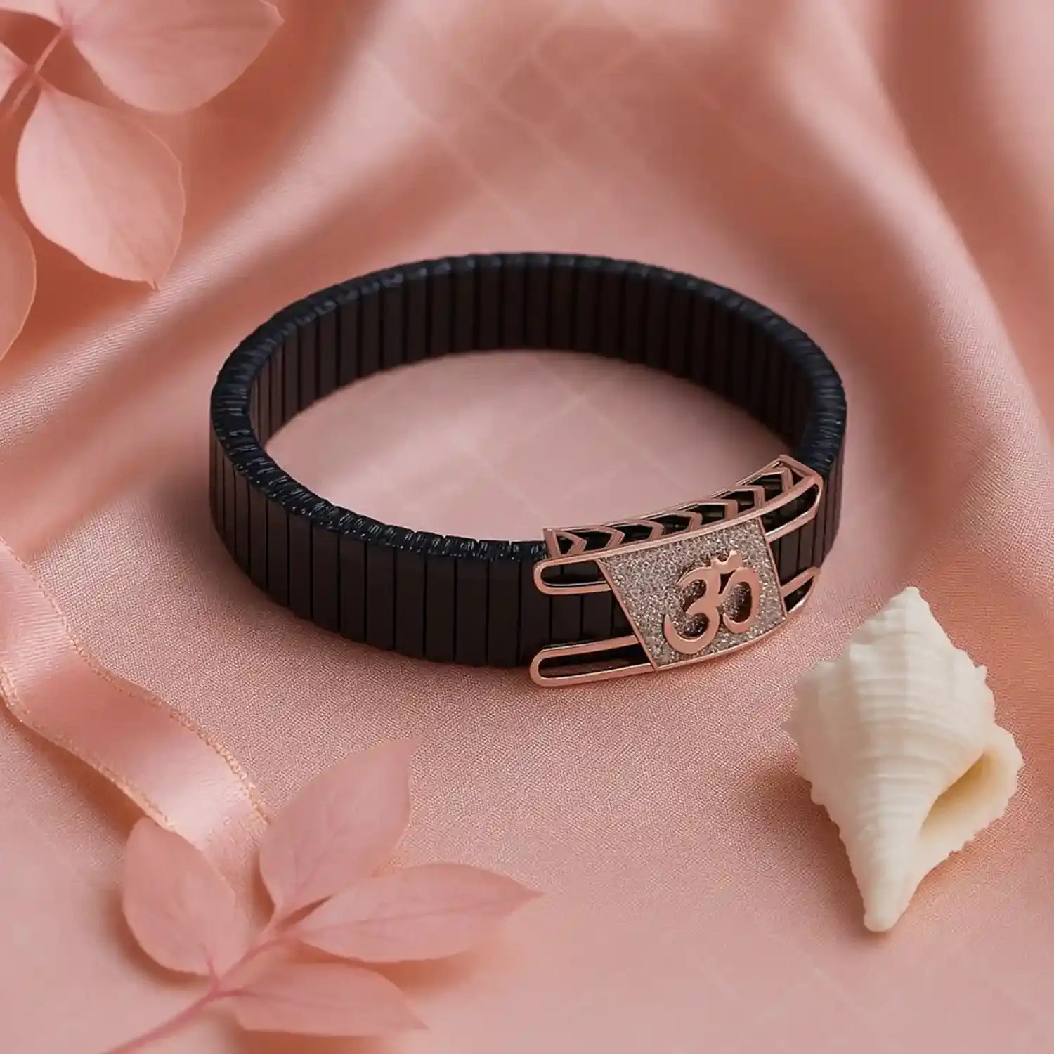 Om Symbol Black Strap Silver Bracelet for Men- Made With Pure 925 Silver