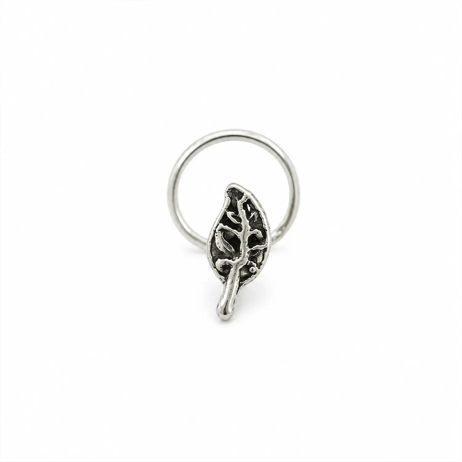 Oxidised Silver Leaf Motif Nose Pin- Made With Pure 925 Silver