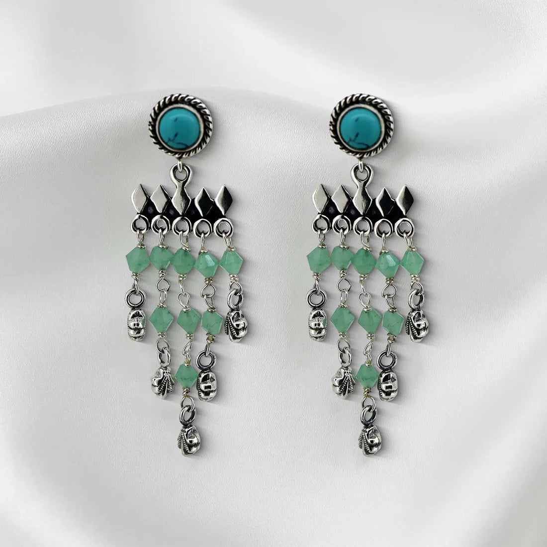 Silver Dangler Earrings with Turquoise & Green Beads- Made With Pure 925 Silver
