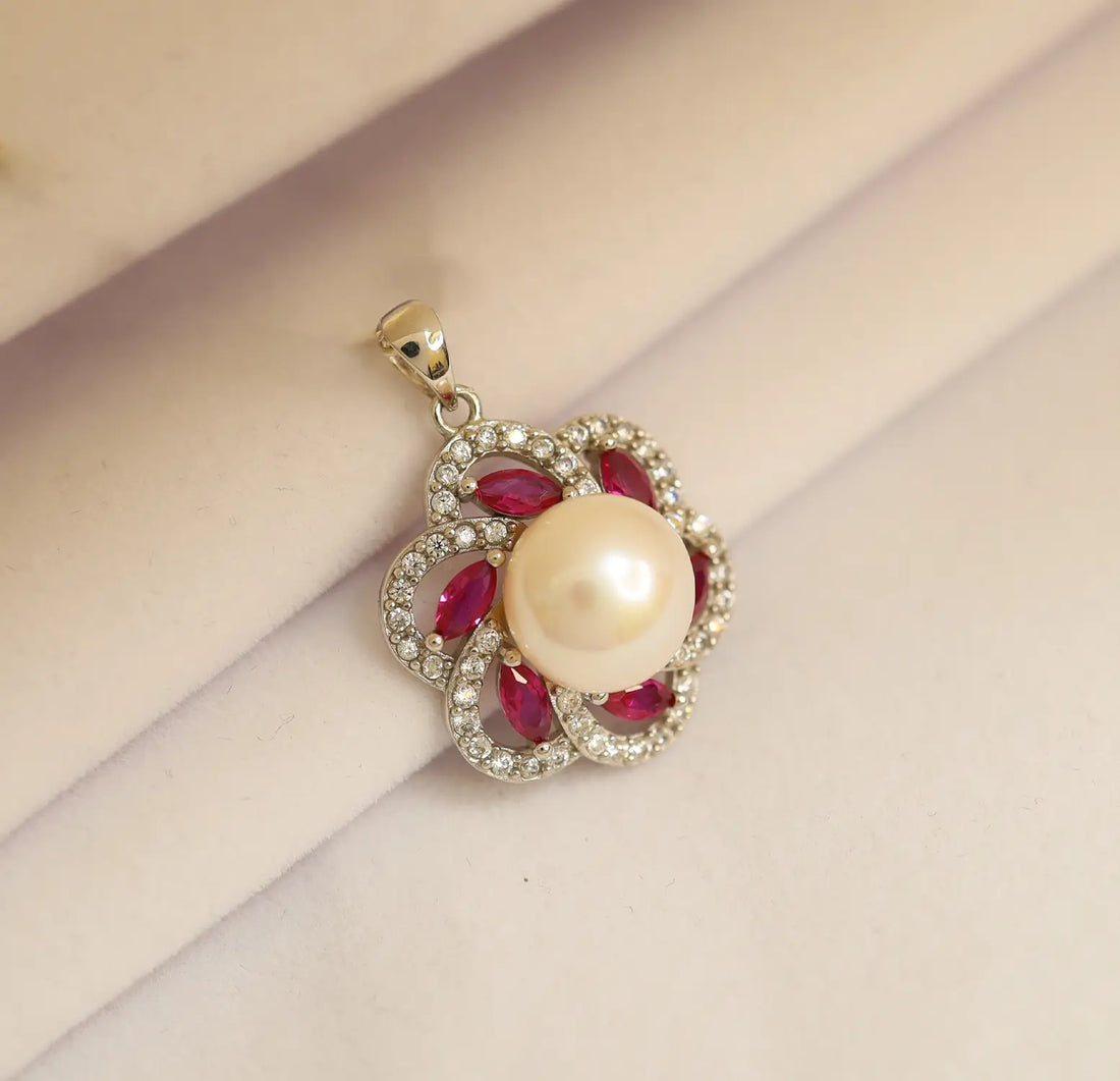 Elegant Pearl & Ruby Floral Silver Pendant - Made With 925 Pure Silver