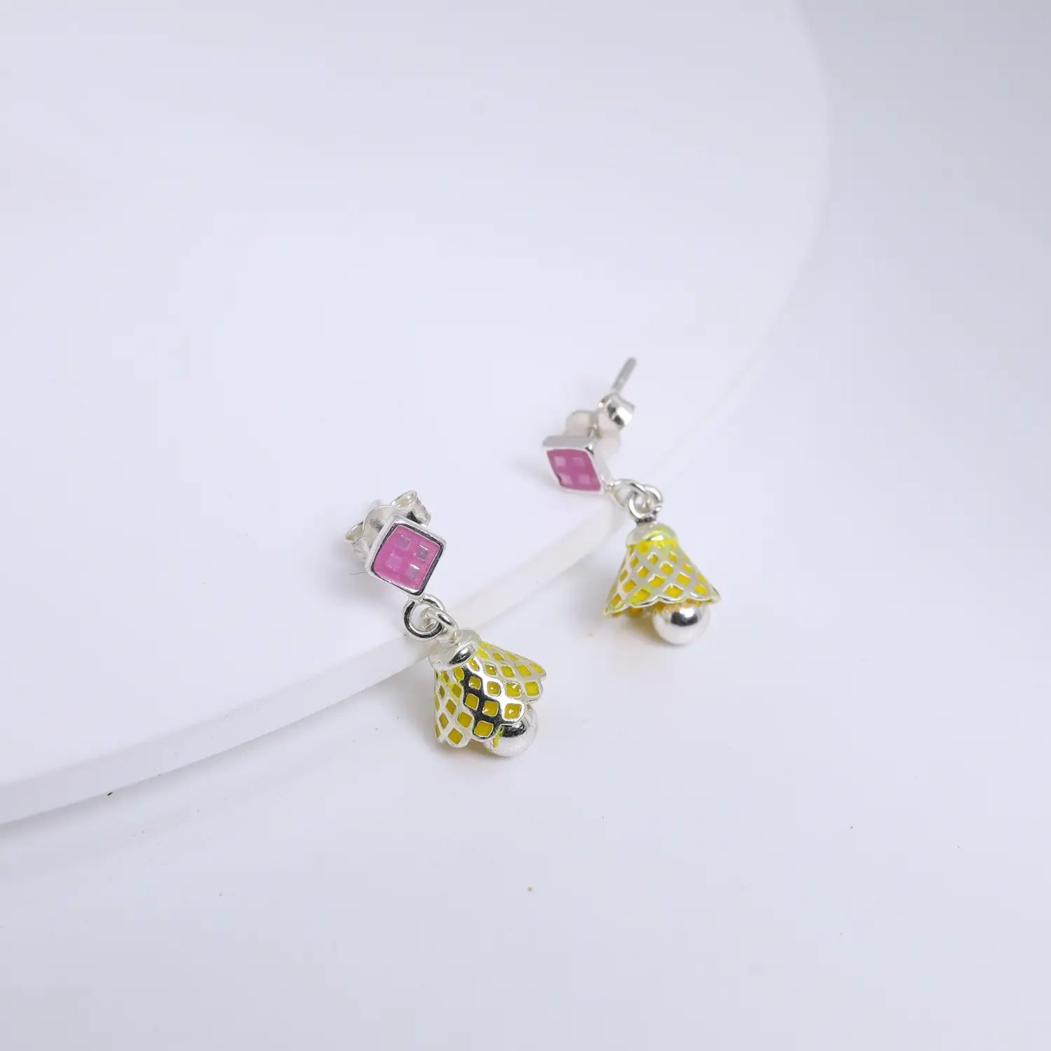 Pastel Pink & Lime Pure Silver Jhumki Earrings- Made With Pure 925 Silver
