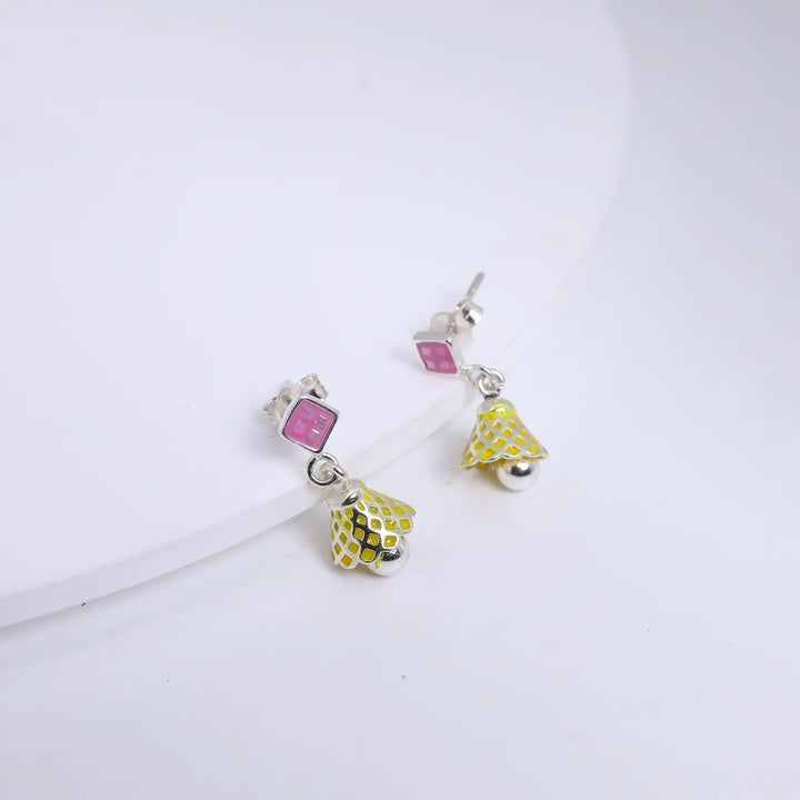 Pastel Pink & Lime Pure Silver Jhumki Earrings- Made With Pure 925 Silver