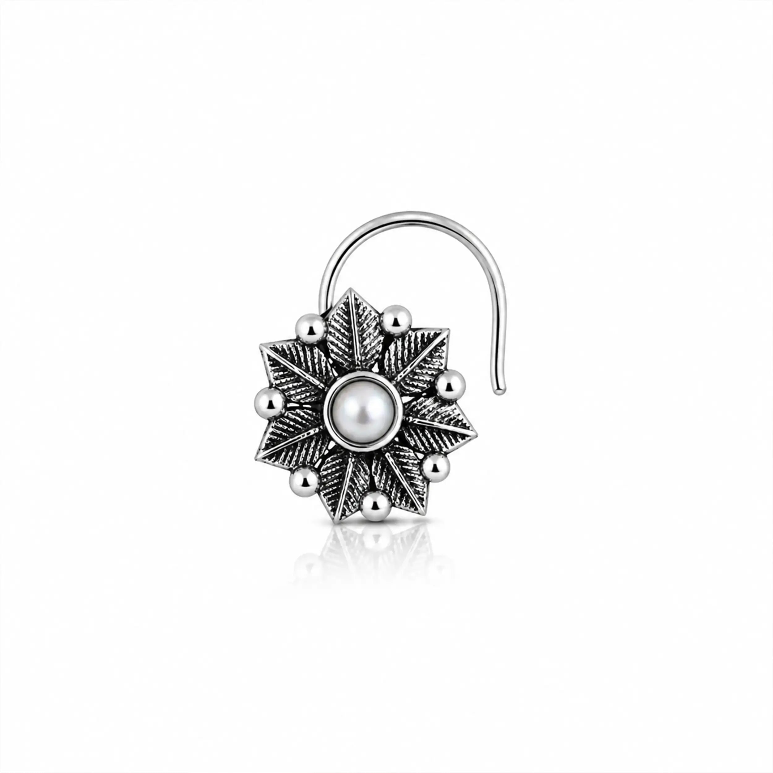 Oxidized Silver Floral Nose Pin- Made With Pure 925 Silver