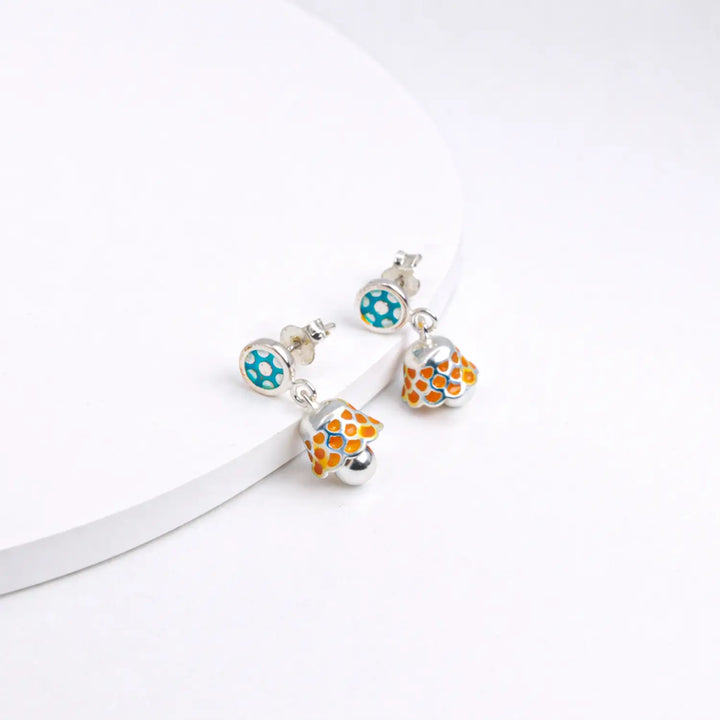 Turquoise & Orange Enamel Silver Jhumki Earrings - Made With Pure 925 Silver