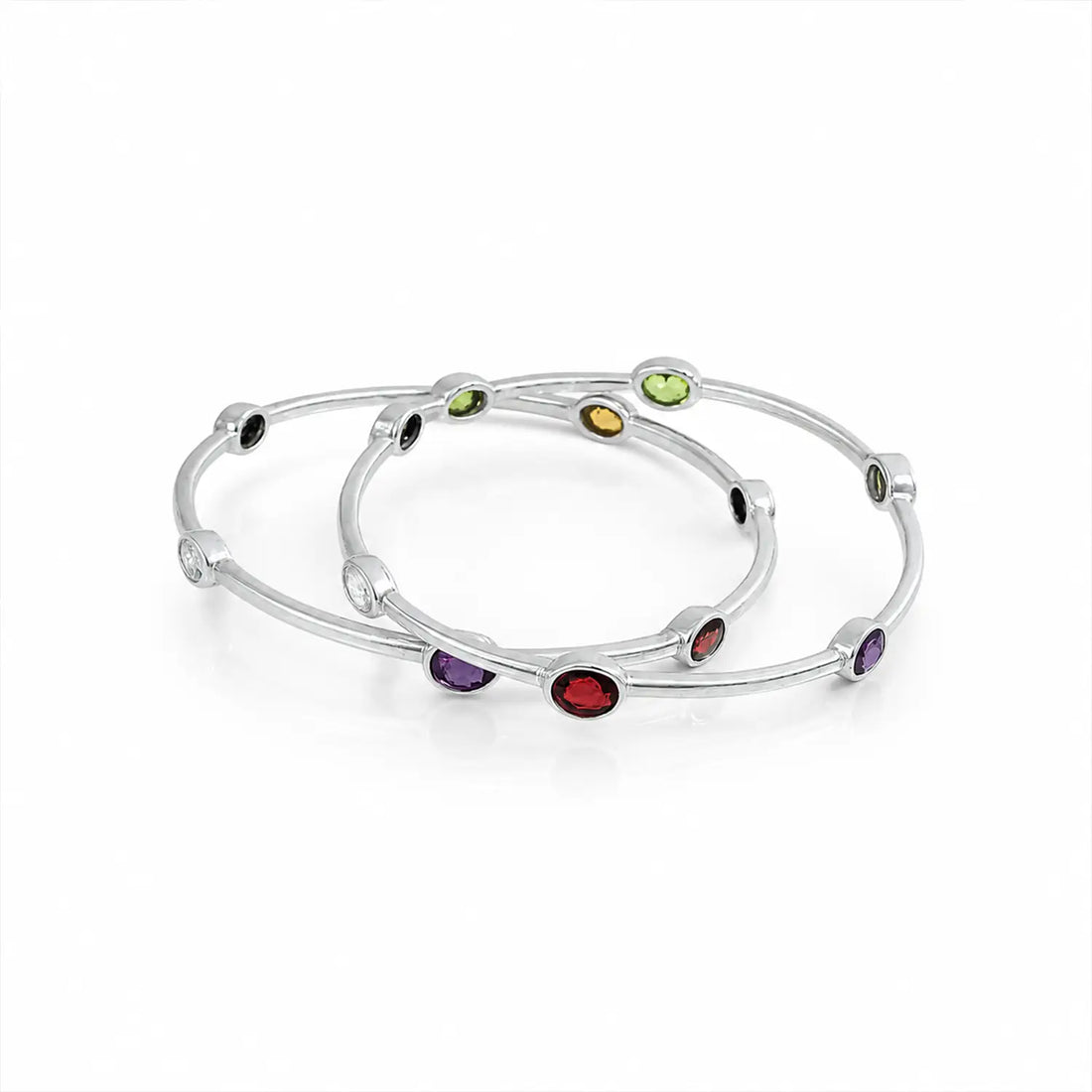 Multi-Gemstone Pure Silver Bangle Set- Made With Pure 925 Silver