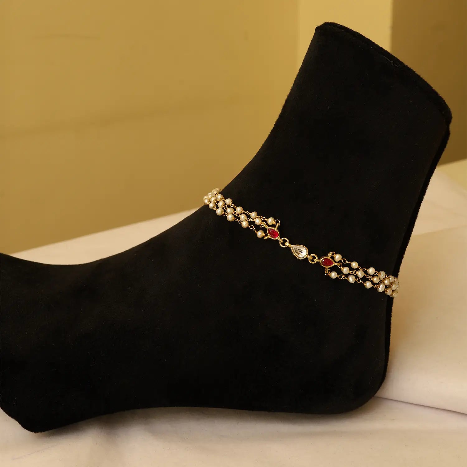 Elegant Pearl & Ruby Drop Silver Anklet - Made With Pure 925 Silver
