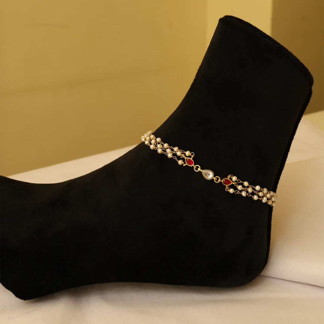 Elegant Pearl & Ruby Drop Silver Anklet - Made With Pure 925 Silver