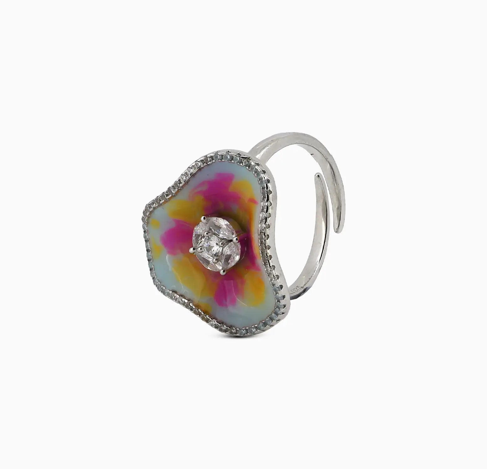 Silver Multicolor Floral Ring - Made With Pure 925 Silver