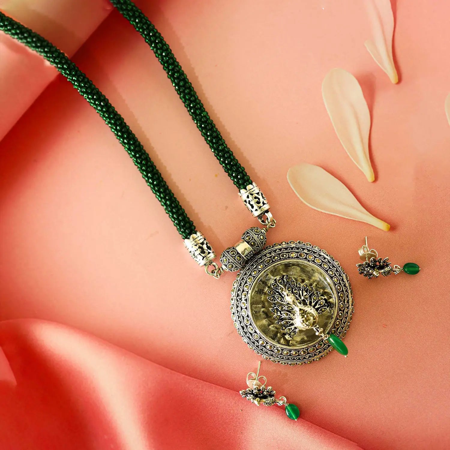 Antique Silver Peacock Necklace Set with Green Beaded Chain- Made With Pure 925 Silver
