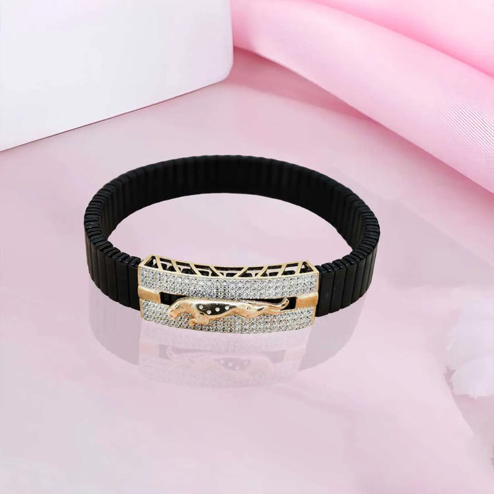 Jaguar Motif Silver Bracelet with Black Stretch Band- Made With Pure 925 Silver