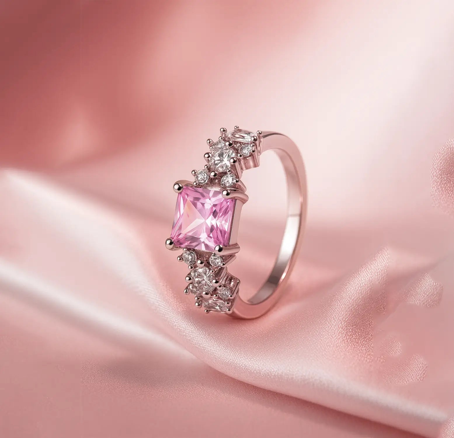 Pure Silver Pink Princess-Cut Ring - Made With Pure 925 Silver
