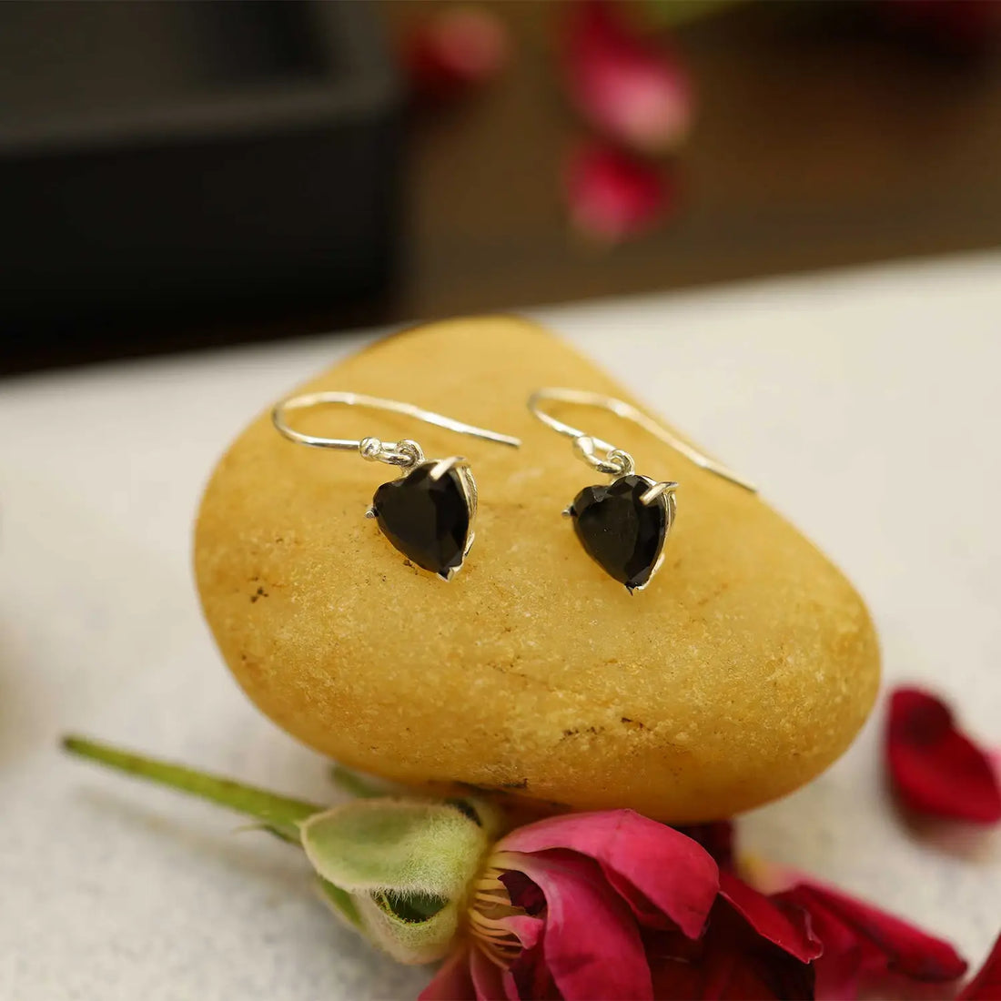 Pure Silver Black Heart Drop Earrings- Made With Pure 925 Silver