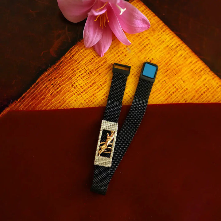 Men’s Black Strap Bracelet with Golden Panther- Made With Pure 925 Silver