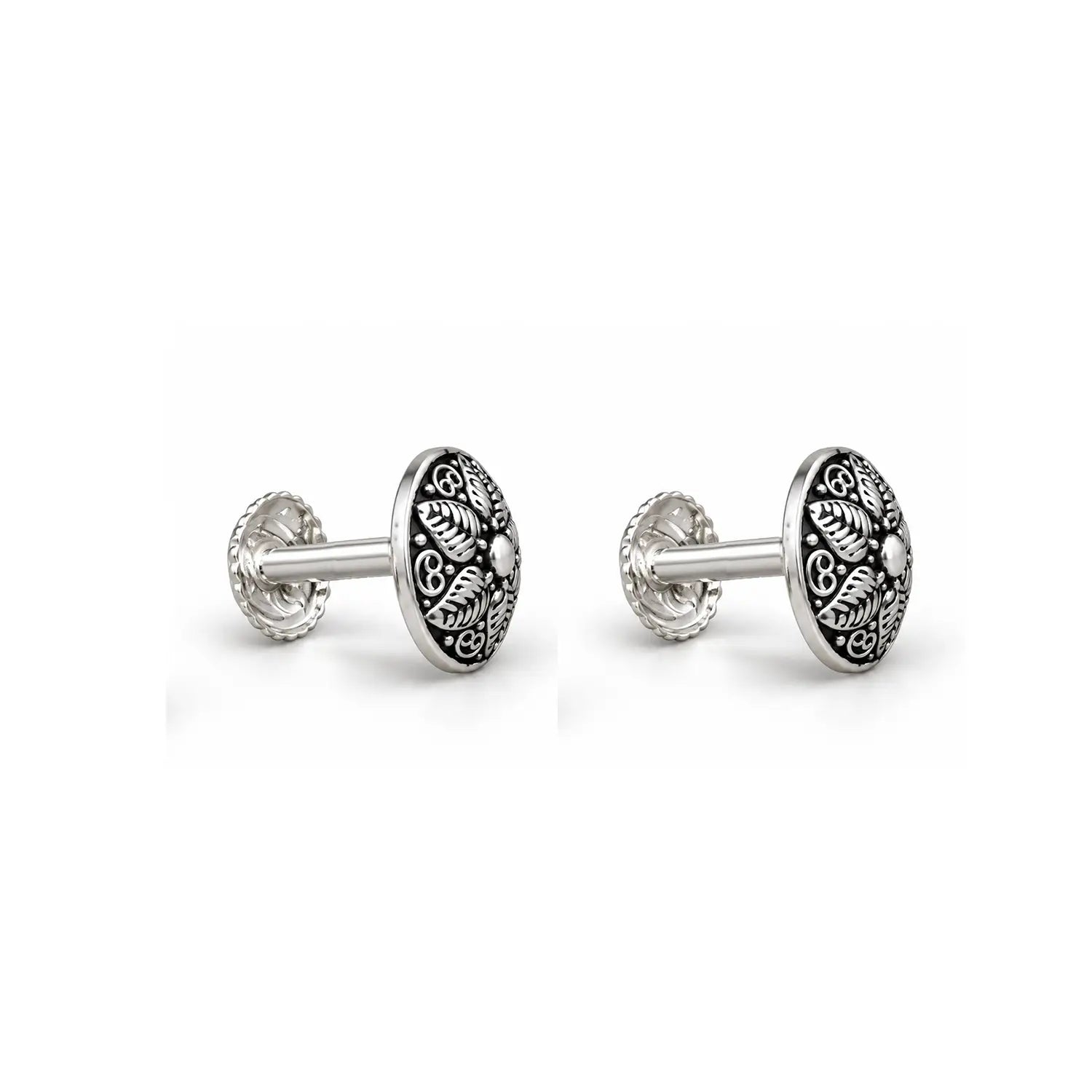 Vintage Leaf Motif Oxidised Silver Stud Earrings - Made With Pure 925 Silver