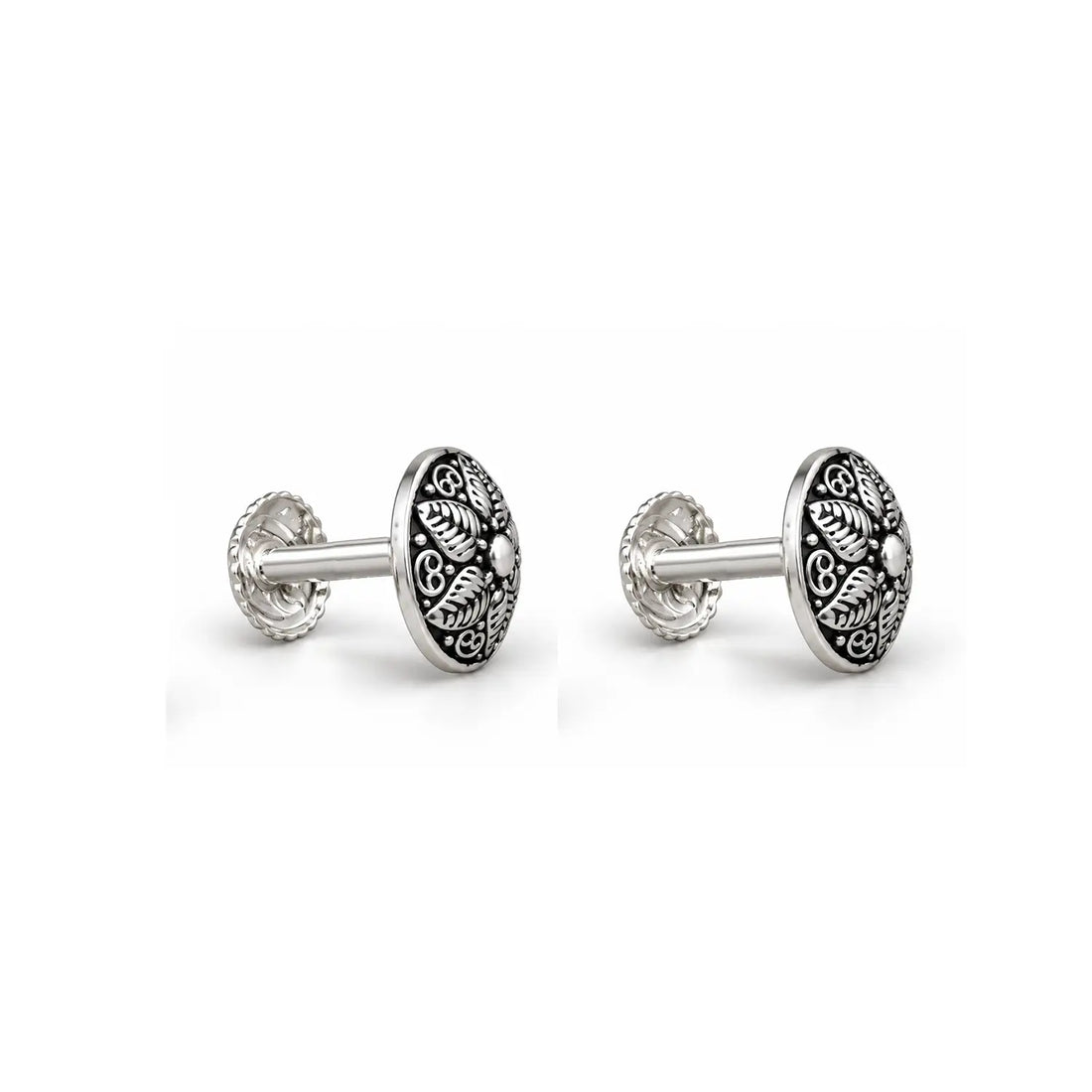 Vintage Leaf Motif Oxidised Silver Stud Earrings - Made With Pure 925 Silver