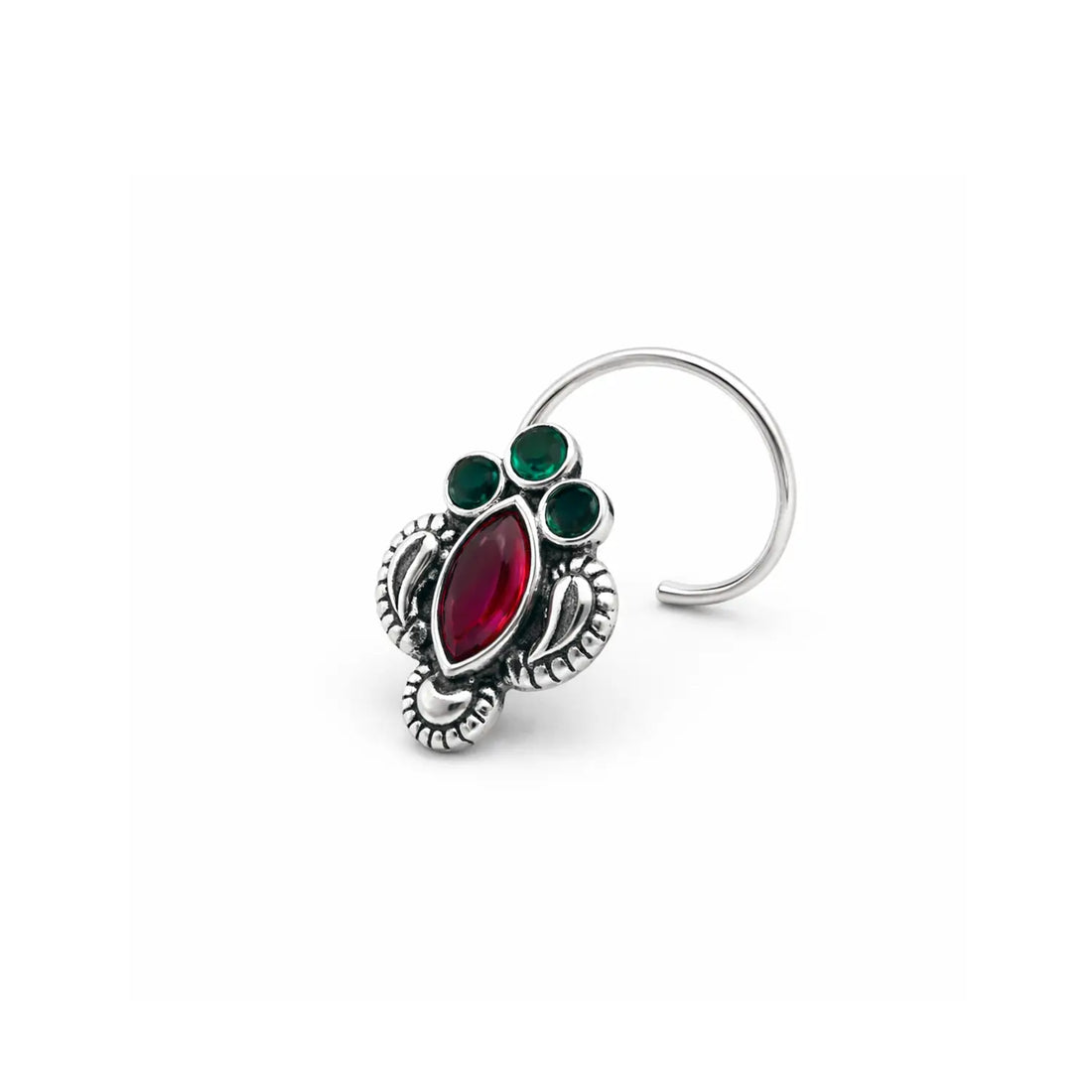 Silver Nose Pin with Green & Maroon Stones- Made With Pure 925 Silver
