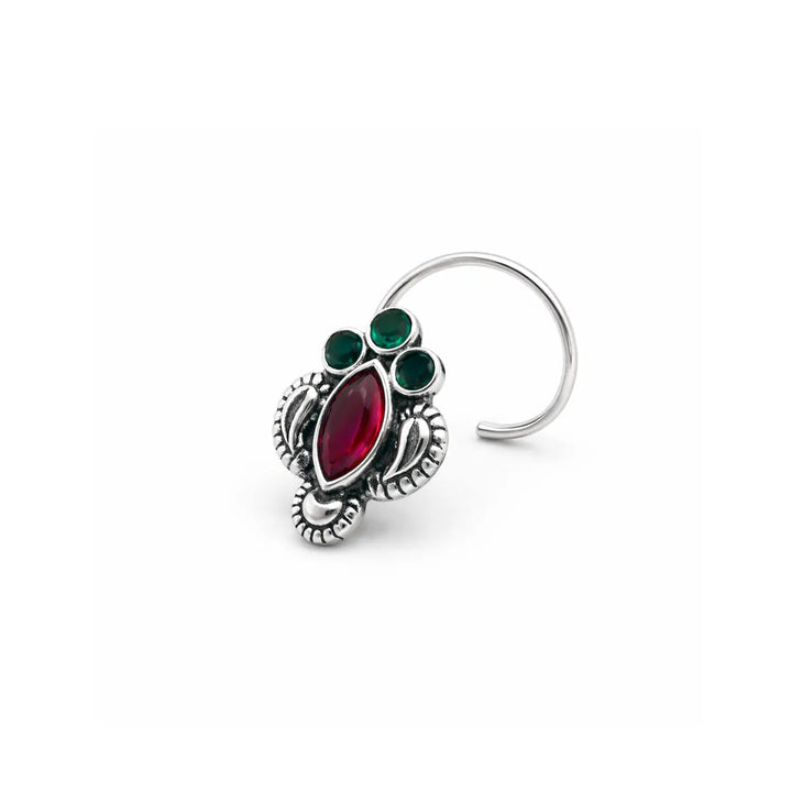 Silver Nose Pin with Green & Maroon Stones- Made With Pure 925 Silver